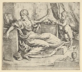 Sittande kvinna som håller en tablett och kompass allegori om lärande, en bevingad putto ..., ca. 1600-1640.