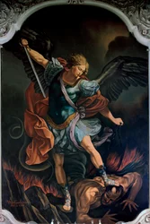 Ärkeängeln Sankt Mikael som besegrar draken. Målning av V. M. De Girolamo (1900-talet) efter Guido Reni. 1957