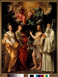 Jungfruns kröning med fyra helgon (Katarina av Alexandria, evangelisten Johannes, Johannes Döparen och Bernhard) - Jungfru Maria framställs i himlen med Treenigheten (Jesus Kristus, Gud och den Helige Andes duva (Helige Ande) (Kröning