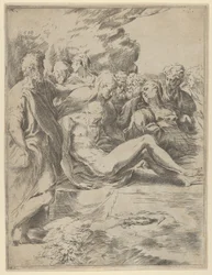Gravläggningen, Kristus med utsträckta ben, Jungfrun till höger, 1590-1600.