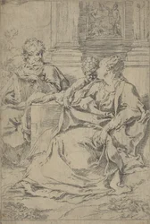 Den heliga familjen satt tillsammans framför en collonad, Saint Joseph läste och..., ca. 1590-1610.
