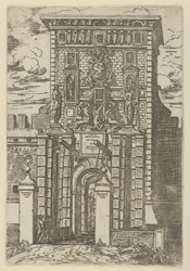 Porta Galliera, ingångsporten till Bologna och vindbryggan med tillfälliga dekorationer..., 1598.