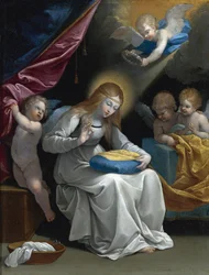 The Virgin Sewing, ackompanjerad av fyra änglar (La Couseuse) av Reni, Guido (1575-1642). Olja på koppar, storlek: 28,5x21,5, , Privat samling