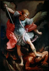 Ärkeängeln Saint Michael krossar huvudet på demonen Sidenmålning av Guido Reni som kallas Guiden