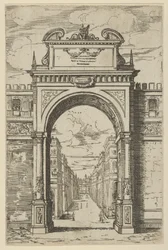 Triumfbåge överträffad av en staty av Moses, byggnader sedda genom bågen nedanför, en t..., 1598.