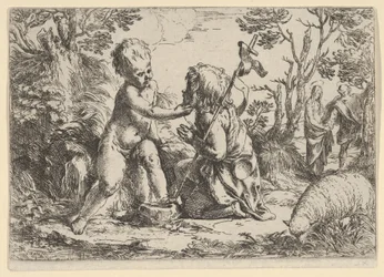 Den unge helige Johannes döparen knäböjer inför spädbarnet Kristus som smeker sin f..., ca. 1600-1640.