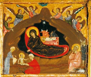 Nativity, detalj från Antependium of St Peter Enthroned by Guido da Siena (cirka 1250 -1300), tempera och guld på trä