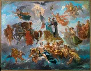 Napoleon III:s apoteos (1808-1873) Allegorisk representation av kejsarkronans triumf, på en vagn, bland de mytologiska karaktärerna Athena, Hercules, Hermes. Målning av Alphonse Cabasson (1814-1884) 1854 Sön. 0,65 X 0,81 m Compiegne