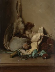 Stilleben med skogsduva och pulverhorn