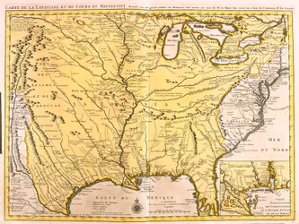 Karta över Louisiana (USA) och Mississippifloden (etsning