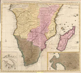 Karta över Meridional Afrika (Angola, Namibia, Zambia, Zimbabwe, Moçambique, Sydafrika) med ön Madagaskar (etsning