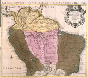 Karta över Peru, Guyana, Brasilien och Amazonasregionerna (etsning