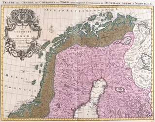 Karta över de nordiska länderna, kungarikena Danmark, Sverige och Norge