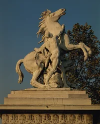 Replika av en av de två "Marly-hästarna" som ursprungligen tillverkades för hästdammen på slottet i Marly, Yvelines, 1739-45 (marmor)