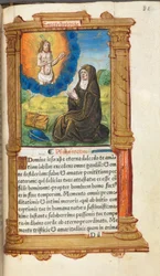 Tryckt timbok (Roms bruk): fol. 90r, Heliga Birgitta i bön inför en uppenbarelse av Kristus