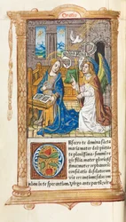 Tryckt timbok Användning av Rom: fol. 60v, Bebådelsen, 1510.