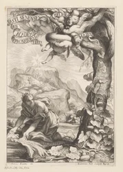Allegorisk representation av en hyllad kvinna som vattnar ett kalebastträd; i bakgrundsfigurerna bestiger ett berg Titelsida för: Giovanni Baptista Ferrari, Fasti Senenses, Ab Academia Intronatorum Editi, 1661