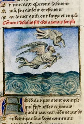 "" Dedale och Icarus "" (Icarus och Daedalus) För att fly till Minos pressar Dedale sin son Icarus att flyga iväg tack vare hans vaxvingar. Miniatyr av Guillaume Lorris från manuskriptet "" The Roman of the Rose ""