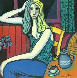 Flicka som dricker te, 2008 (gouache på papper)