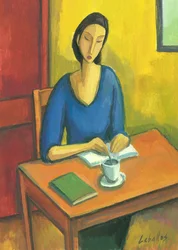 Flicka med böcker och kaffe, 2010 (gouache på papper)
