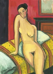 Naken person lutad mot sängen, 2010 (gouache på papper)