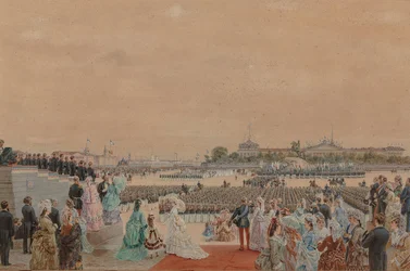 Den högtidliga gudstjänsten med anledning av Peter I:s tvåhundraårsjubileum, på Senatstorget..., 30 maj 1872.
