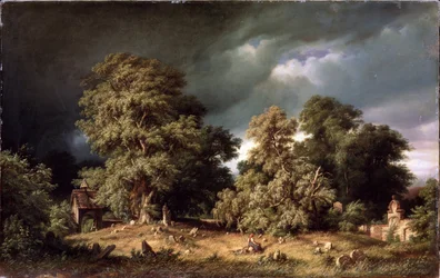 Gamla kyrkogården. En kvinna sitter ensam på en avskild kyrkogård på landsbygden när himlen fylls av mörka moln. Målning av Gustav Paul Closs (1840-1870), olja på duk, cirka 1865. Tysk konst, 1800-talslandskap. Herr.