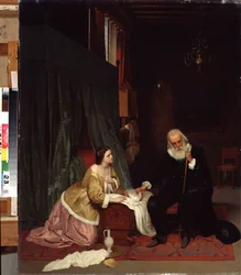 ""Läkarbesöket"" En läkare tar pulsen på ett sjukt barn under moderns vakande öga. Målning av Gustav Budkovsky (1813-1884) 1859 Statens konstmuseum, Nizhny Tagil, Ryssland