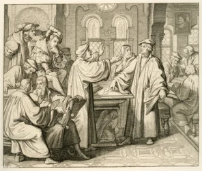 Luther och Ulrich Zwingli (1494-1531) diskuterar om sakramentet och de har ingen överenskommelse, i Marburg 1529
