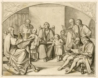 Luthers introduktion av tyska protestantiska religiösa psalmer tillsammans med sina barn och vänner under ledning av Johannes Walther (1496-1570)