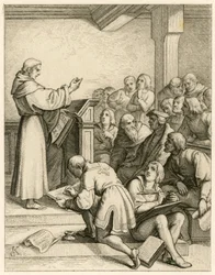 Martin Luther föreläser på universitetet i Wittenberg, framför honom vicekanslern doktor Pollich och hans fadersvän Johann von Staupitz (1460-1524)