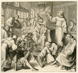Martin Luther i diskussion med Dr. Johannes Eck (Johann Maier von Eck) (1486-1543), på Luthers sida finns Philipp Melanchthon (1497-1560) och Karlstadt (Andreas Rudolf Bodenstein von Karlstadt