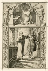 Martin Luther förbereder sig genom en bön för mötet med kejsaren (bild ovan) ; huvudbild : Luther möter riddaren George (Georg) von Frundsberg (Jorg von Fronsberg, Freundsbergin