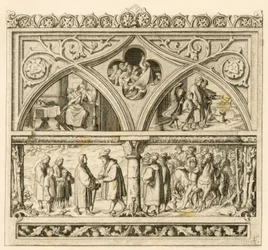 Martin Luthers resa till greve Mansfeld (Hoyer VI av Mansfeld-Vorderort (1477-1540); bild uppe till vänster: den sorgsna Katharina, i mitten: rage Saalefloden, till höger: Luther tillsammans med sina söner bild nere: Luther och greve