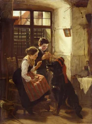 Det tålmodiga husdjuret. Två barn har satt en hatt på sin hund (ett husdjur) och ger den lite bröd att äta. Målning av Gustav Igler (1842-1908)