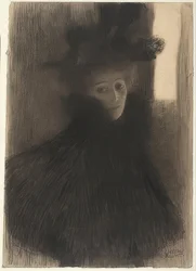 Porträtt av en dam med en cape och hatt. 1897/98