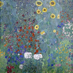 Stuga trädgård med solblommor