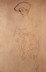 "Mit leichter wendung nach links" (Legerement tourne vers la gauche). Dessin av Gustave Klimt (1862-1918). Färgkritor. Collection privee