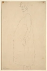 Studie av en påklädd gravid kvinna, ca 1915-16 (blyerts på simili Japan-papper)