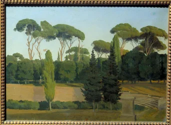 I trädgårdarna i Villa Borghese. Målning av Gustaf Wilhelm Palm (1810 - 1890) Ec. Stämd.