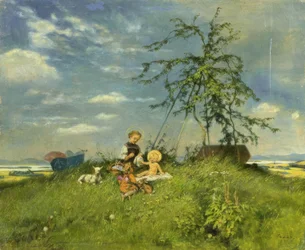 Maria med det heliga barnet på sommargräset