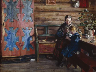 Gårdsinredning med barnbarn (olja på duk)