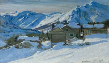 Berggård i snölandskap