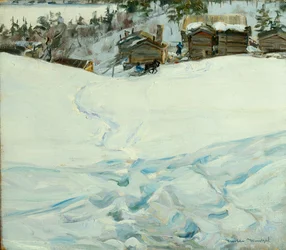 Bergsgård i vinterlandskap (olja på duk)