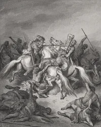 Abishai räddar Davids liv, Samuel 2:17, illustration från Dores "The Holy Bible", graverad av Hurel