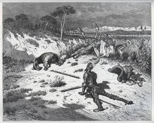Don Quijotes moraliserande över otacksamhet - från "Don Quixote de la Mancha" av Miguel Cervantes (1547-1616) (Don Quijote) - Träsnitt efter teckning av Gustave Dore