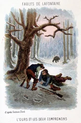 Illustration av "Björnen och de två följeslagarna", fabel av La Fontaine, baserad på en teckning av Gustave Doré.