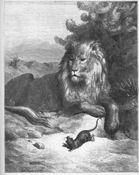 Lejonet och musen - ur Jean de La Fontaines (Lafontaine) (1621-95) „Fabler” - gravyr efter Gustave Doré (1832-83) - privat samling