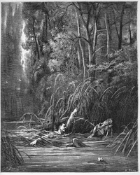 Bäcken och floden - ur Jean de La Fontaines (Lafontaine) ”Fabler” (1621-95) - gravyr efter Gustave Doré (1832-83) - privat samling
