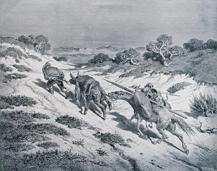 Den slagna riddaren och hans springare, från "Don Quijote de la Mancha" av Miguel Cervantes (1547-1616), graverad av Heliodore Joseph Pisan (1822-90) ca 1868 (gravyr).